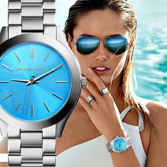 NEW Michael Kors MK3292 Slim Runway Stainless Steel Watch Silver Blue Dial Women - Picture 1 of 7